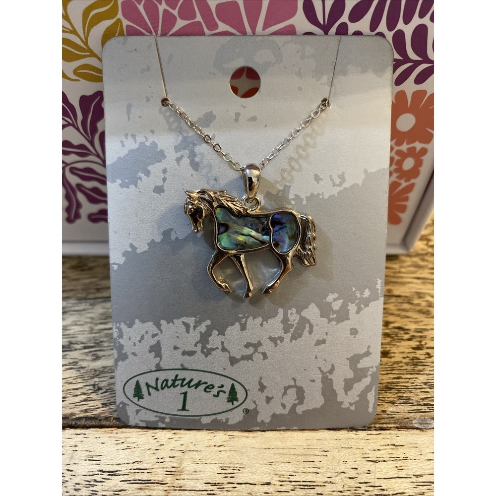 Vintage 2007 Silver Tone Abalone Inlay Shell Horse Necklace